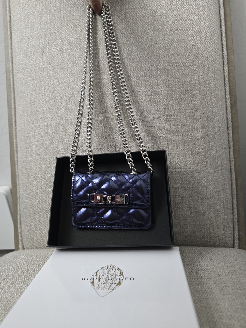 NWT Kurt Geiger London Micro Kingsley Quilted Crossbody Bag - Metallic Navy/Purp - Picture 2 of 7